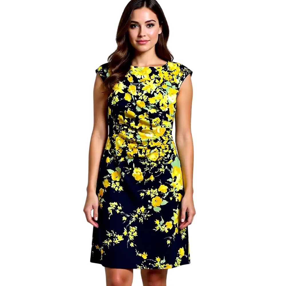Anne Klein $99 Yellow Floral Navy Blue Ruched Sheath Dress Size‎ 10 NWT